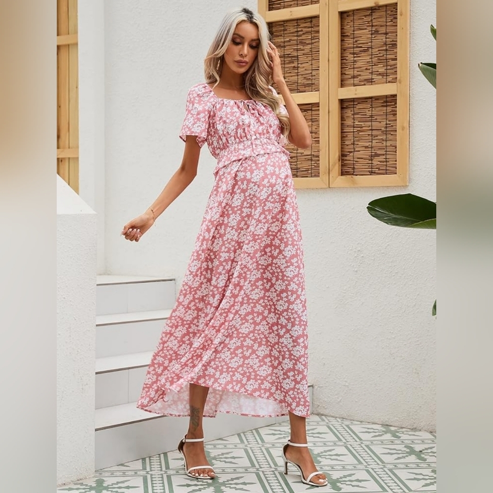 NWT! FunJuly Women Large rose white floral smock waist maternity maxi dress